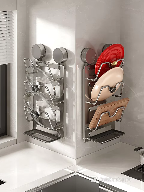 Wall Mounted Kitchen Rack With Glass Bowls Plates And Wooden Cutting Board 3d model 