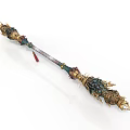 Ornate Metal Staff Sculpture Carving with Intricate Gold Green Decorations and Red Tassel