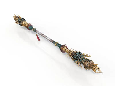 Ornate Metal Staff Sculpture Carving with Intricate Gold Green Decorations and Red Tassel 3d model