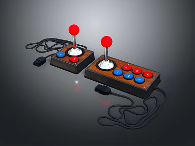 Retro Game Joysticks With Red Tops Blue Red Buttons And Black Cables 3d model