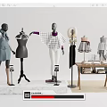 Mannequins in Clothing Display with Clothing Racks Table Books and Rug