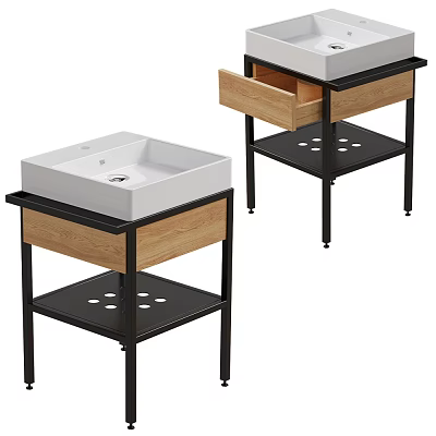Modern Washbasin with Wooden Countertop and Black Metal Stand Open Drawer Design 3d model