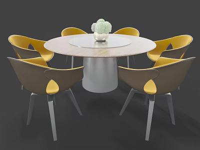Modern Round Dining Table Set With Yellow Chairs Silver Legs And White Vase Green Plant 3d model