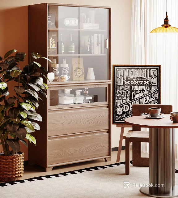Modern Wooden Sideboard Cabinet With Glass Doors Green Plant And Vintage Poster 3d model 