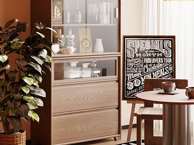 Modern Wooden Sideboard Cabinet With Glass Doors Green Plant And Vintage Poster 3d model