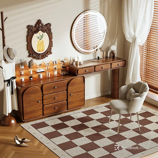 Wooden Dressing Table With Cosmetics Bottles Round Mirror And Chair On Checkered Rug 3d model 
