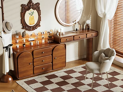 Wooden Dressing Table With Cosmetics Bottles Round Mirror And Chair On Checkered Rug 3d model