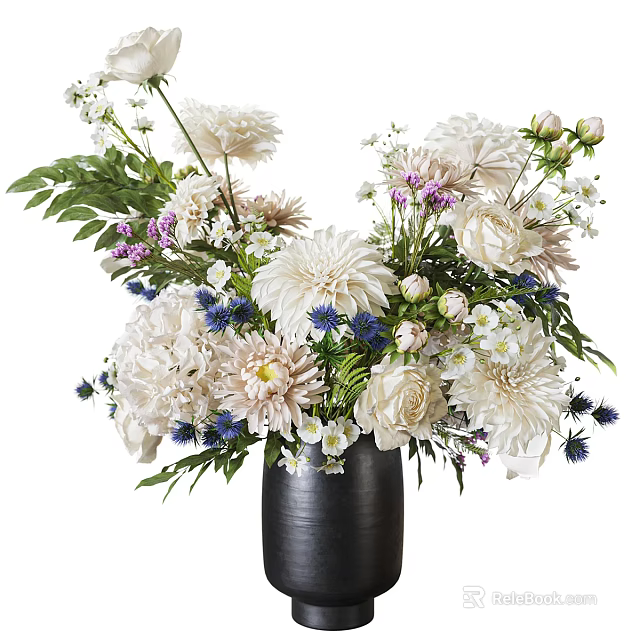 Stunning White Purple Blue Flowers Arrangement in Black Vase with Green Leaves 3d model 