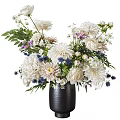 Stunning White Purple Blue Flowers Arrangement in Black Vase with Green Leaves