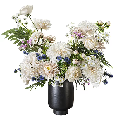 Stunning White Purple Blue Flowers Arrangement in Black Vase with Green Leaves 3d model