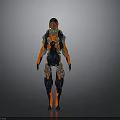 Futuristic Character With Detailed Red Blue Black Biomechanical Armor And Creature Design