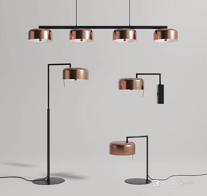 Modern Copper Black Pendant Lamps And Floor Lamps Lighting Combination Set 3d model 