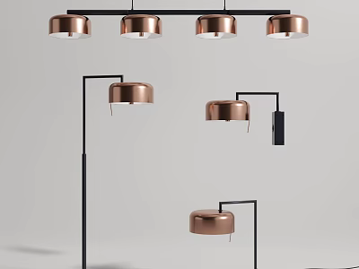 Modern Copper Black Pendant Lamps And Floor Lamps Lighting Combination Set 3d model