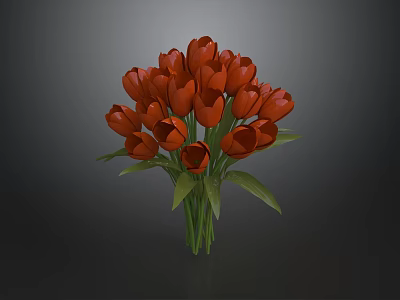 Vibrant Red Tulip Bouquet with Fresh Green Leaves and Natural Stem 3d model