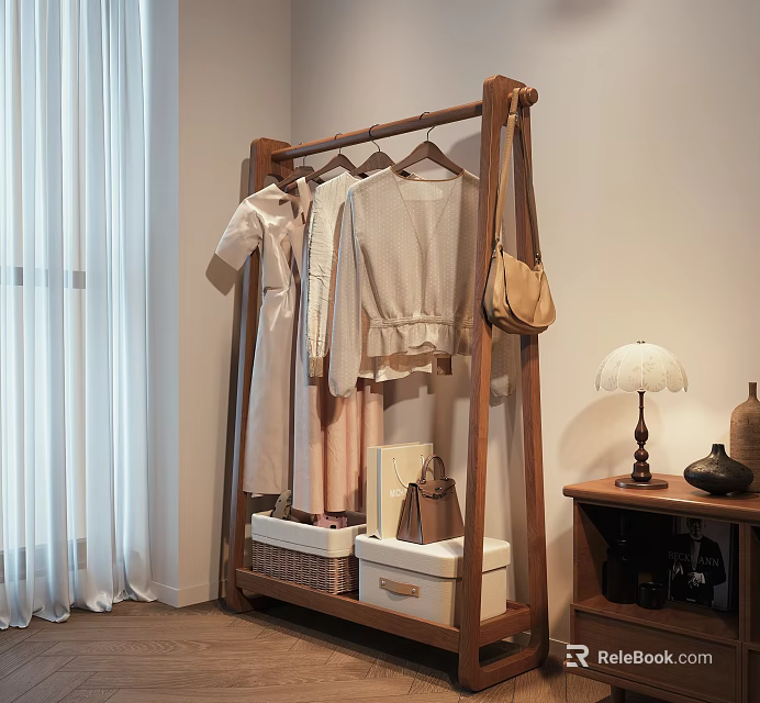 Wooden Clothes Rack With Hanging Clothes Bag Storage Baskets In Bedroom Interior 3d model 