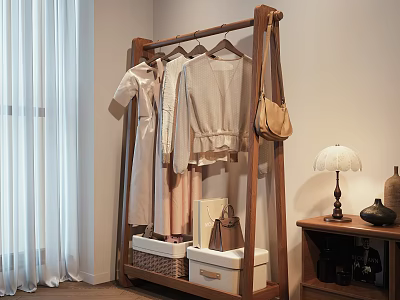 Wooden Clothes Rack With Hanging Clothes Bag Storage Baskets In Bedroom Interior 3d model