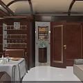 Luxury Train Car Interior With Wooden Decor Large Windows Dining Table And Leather Seats