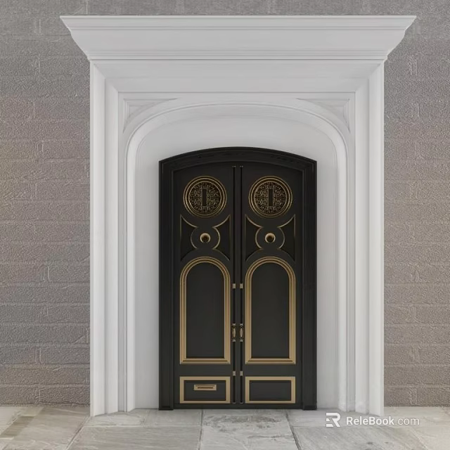 Elegant Black Double Door with Golden Decorative Elements White Frame and Gray Brick Wall 3d model 