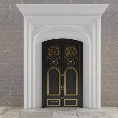 Elegant Black Double Door with Golden Decorative Elements White Frame and Gray Brick Wall 3d model