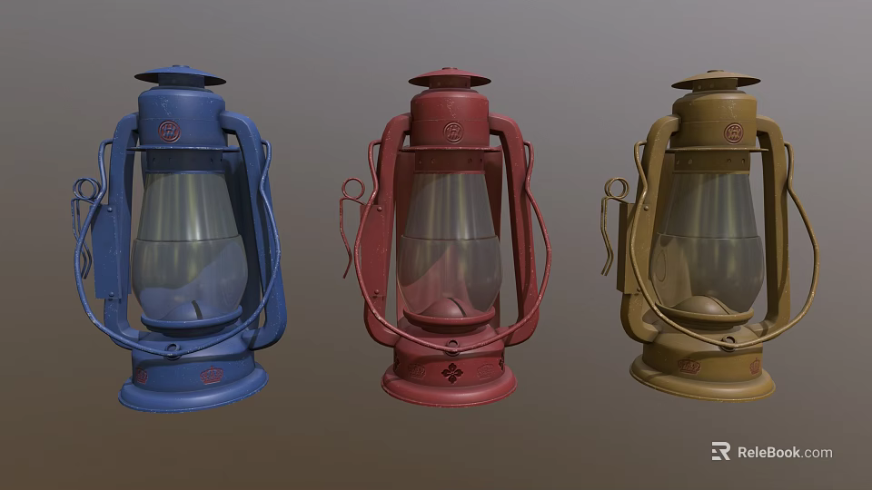 Three Vintage Colored Kerosene Lamps Blue Red Brown Decorative Home Furniture 3d model 