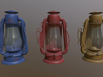 Three Vintage Colored Kerosene Lamps Blue Red Brown Decorative Home Furniture 3d model