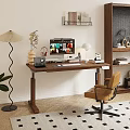 Modern Wooden Desk and Leather Chair Set with Computer Setup Bookshelf and Decorative Elements
