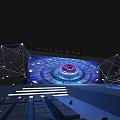 Modern Tech Inspired Ballroom with Geometric Lines Blue Red Circular Installation and Illuminated Steps