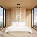 Modern Hotel Room Interior Featuring Comfortable Bed Large Windows And Wooden Elements