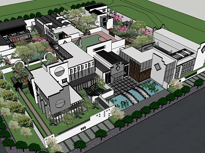 Modern Office Building Complex With Landscaped Gardens Courtyard And Water Features 3d model