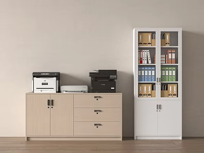 Beige Office Cabinet With Drawers Printers Scanner And White Filing Cabinet With Glass Doors 3d model