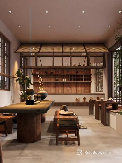 Traditional Tea House Interior With Wooden Shelves Tea Sets And Green Plants 3d model 