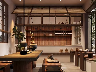 Traditional Tea House Interior With Wooden Shelves Tea Sets And Green Plants 3d model