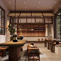 Traditional Tea House Interior With Wooden Shelves Tea Sets And Green Plants