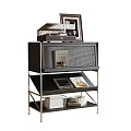 Dark Decorative Cabinet with Metal Frame Multiple Shelves Photo Frames Magazines and Books