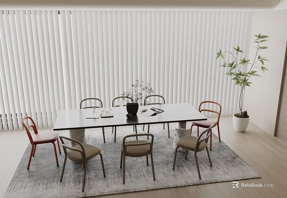 Modern Dining Room Interior With Glass Top Table Red Chairs Area Rug And Potted Plant 3d model 