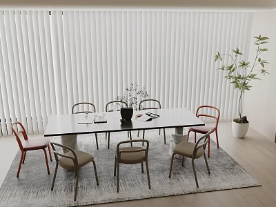 Modern Dining Room Interior With Glass Top Table Red Chairs Area Rug And Potted Plant 3d model