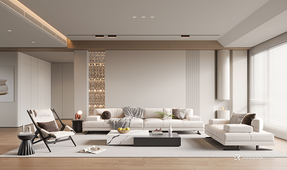 Modern Minimalist Living Room Interior With White Sofa Coffee Table And Wooden Flooring 3d model 