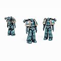 Three Blue Armored Robot Figurines In Different Poses On White Background 3d model