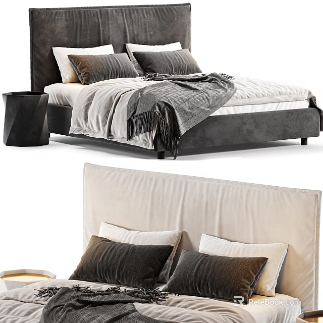 Stylish Double Bed Featuring Dark and Light Headboards Cozy Pillows Soft Blanket and Side Table 3d model