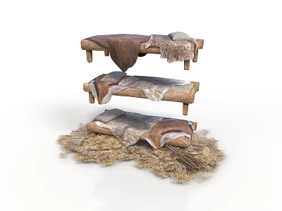 Stacked Wooden Benches With Fur Covers And Natural Hay Base Rustic Decor 3d model
