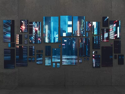 Modern Photo Wall with Various Size Frames Displaying City Night Lights and High Rise Buildings 3d model