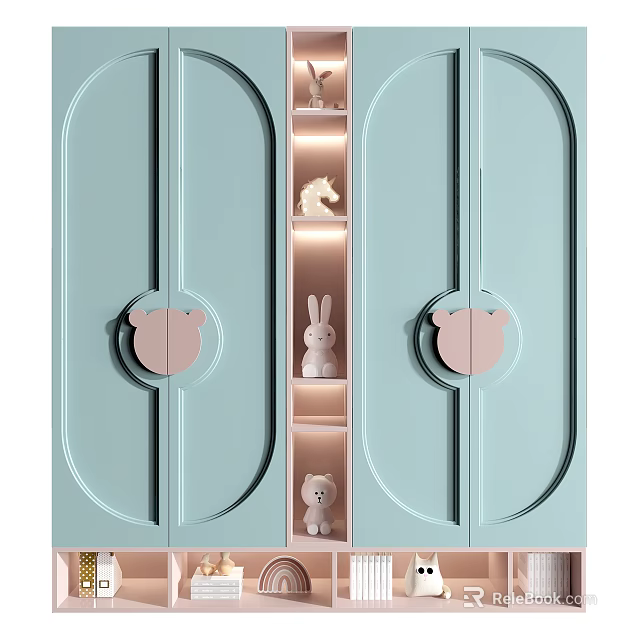 Cute Light Blue Wardrobe With Bear Shaped Knobs And Illuminated Shelf Holding Stuffed Toys 3d model