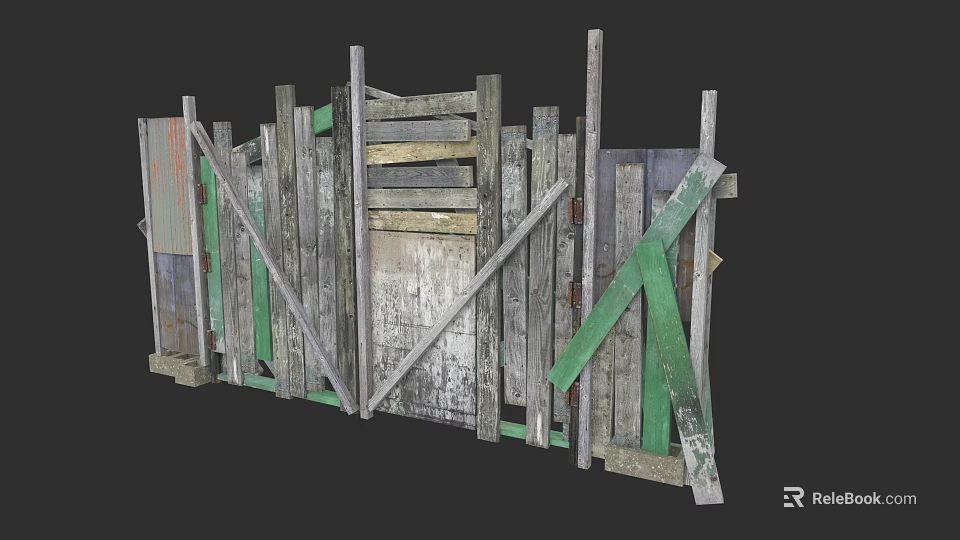 Worn Wooden Fence With Green Support Strips and Various Colored Planks in Cluttered Arrangement 3d model 