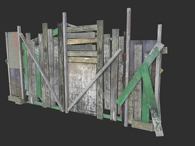 Worn Wooden Fence With Green Support Strips and Various Colored Planks in Cluttered Arrangement 3d model