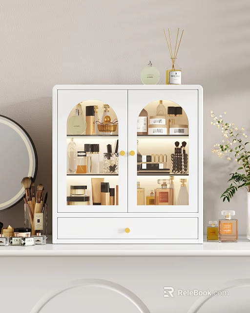 White Glass Door Cabinet Displaying Various Perfume and Cosmetics with Gold Accents 3d model 