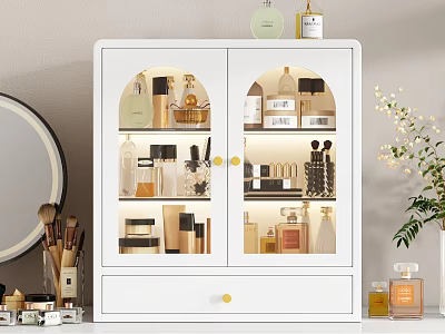 White Glass Door Cabinet Displaying Various Perfume and Cosmetics with Gold Accents 3d model