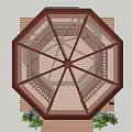 Outdoor Octagonal Wooden Gazebo with Glass Roof and Surrounding Flowers Plants on Deck