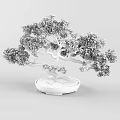 Lush Green Bonsai Plant with Curved Trunk and Mossy Base in White Pot
