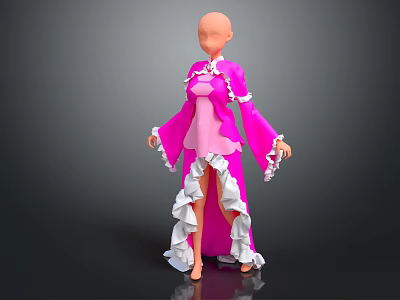 Elegant Pink And White Women's Dress With Long Sleeves Ruffled Hem Design 3d model