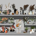 Elegant Flower Vases With Pink White Red Flowers On Shelves And Dried Pampas Grass